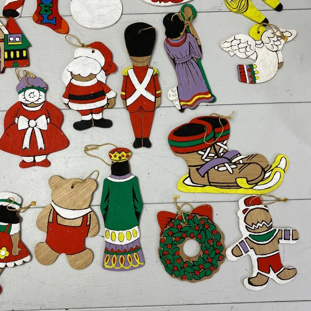 Vintage Wooden Christmas Ornaments Lot 28 Hand Painted Folk Art Mixed Christian